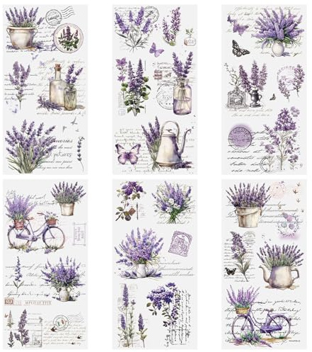 HICOHAND Reiben Sie auf Transfers zum Basteln, 6 Blatt Vintage lila Blume Rubb on Transfers für Möbel Blume Pflanze Aufkleber für Möbel Abziehbilder Lila Lavendel Aufkleber für DIY Handwerk