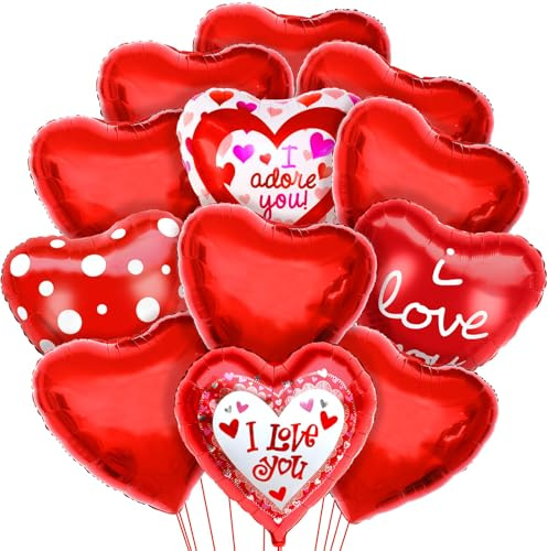 Herz Folienballon Rot,12 Stück Rote Herzförmige Folienballons,Herz Helium Luftballons,XXL Helium Luftballon,Herzluftballons Hochzeit für Romantische Atmosphäre, Heiratsantrag, Valentinstag Deko (C)