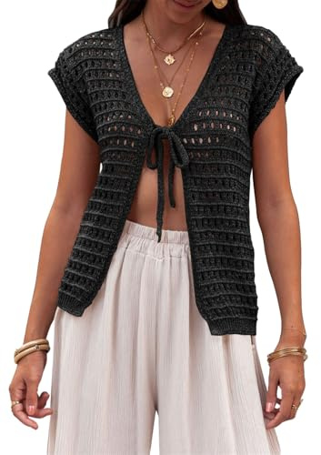 Saodimallsu Cardigan d'été pour femme - Col en V - Sexy - Style bohème - Manches courtes - Ouvert à l'avant - Crochet léger - Bikini Cover Up - Cardigan court, Noir , S