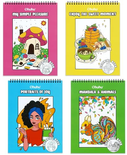 Ohuhu Pack de 4 Libros para Colorear Adultos - Papel Doble Cara Antimanchas para Marcadores | Diseños Anti-Estrés 20x25 cm | 160 Páginas Total | Encuadernación en Espiral Regalo para Adultos