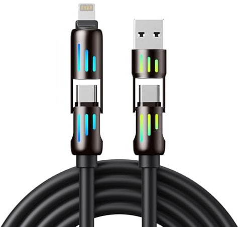 aceyoon 240W Multi Ladekabel 4 in 1, Multi USB Kabel mit RGB LED Licht 1.2M Nylon Mehrfach Universal Ladekabel Typ C/USB A auf Lighting, Typ C/USB A auf USB C für iPhone 16 15, für Galaxy, für Huawei