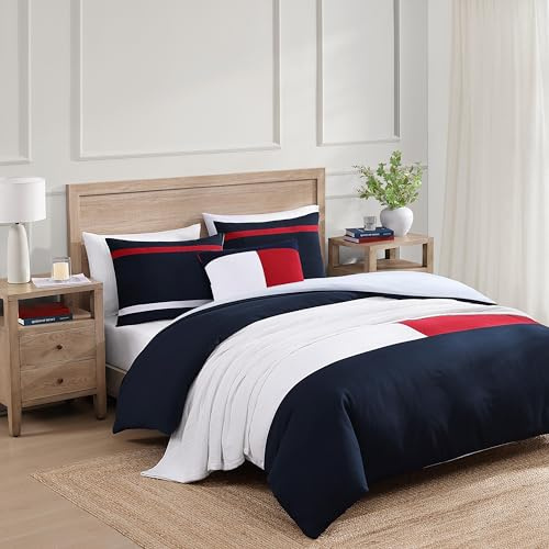 Tommy Hilfiger - King Comforter Set, Soft & Breathable Seersucker Bedding with a Textured Feel, Medium Weight for Year Round Use, 3 Piece Bed Set with Matching Pillowcases (Iconic Anniversary Navy)