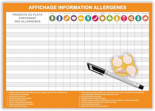 Affichage information allergènes - Panneau affichage obligatoire restaurant boulangerie 2026 - Allergènes affichage A4 plastifié effaçable + feutre + pastilles adhésives (A4AllOrang)