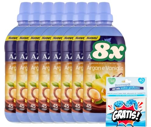 8X Felce Azzurra Ammorbidente Concentrato, 900ml, 45 Lavaggi (360 Lavaggi totali), + 1 bustina di profumatore biancheria Mon Amour Omaggio (Argan e Vaniglia)