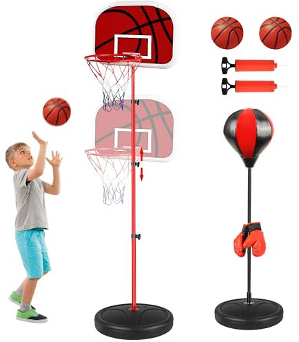 Aragallant Canestro Basket Bambini, Sacco da Boxe con e Guantini, 2-in-1 Giochi da Esterno Altezza Regolabile per Bambini con 2 Basketball, Facile da Montare, Regali per Bambino ed Bambina 4+ Anni