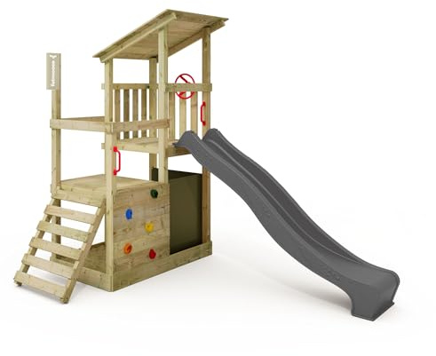Fatmoose Aire de Jeux Portique d'escalade FruityForest Fun XXL avec Toboggan Anthracite, extérieur Enfants Tour d'escalade avec bac à Sable, échelle & Accessoires de Jeux