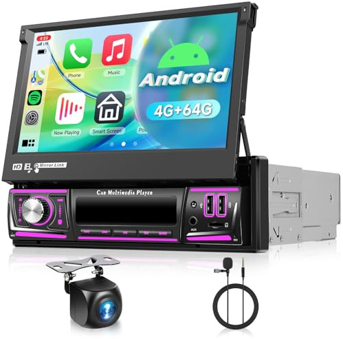 4G+64G Android Car Stereo Single Din with Foldable Touchscreen Wireless Carplay&Android Auto, Driauto 7 Inch Flip Out Screen Car Radio GPS Navi WiFi Bluetooth FM/RDS DSP/USB/Mirror Link Backup Camera