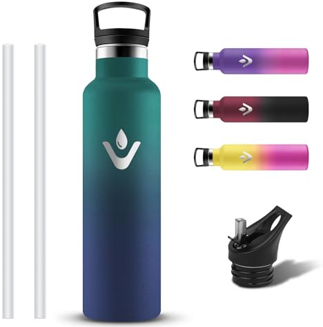Grsta Botella Agua Acero Inoxidable 750ml, Cantimplora Termica con Pajita y Filtro, Botella Termica a Prueba de Fugas, Reutilizable Termo con 2 Tapones sin BPA para Escuela, Exterior, Gimnasio