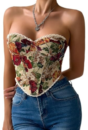 Shyllin Corset Femme, Haut Corset Femme Bustier Renaissance Vintage à Lacets Imprimé Floral (FR/ES, Alpha/lettres, Moyen, Taille normale, Taille normale, Multicolore)