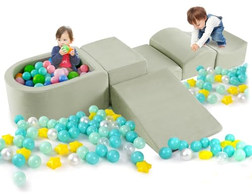 COSTWAY Set di 5 Pezzi Gioco in Schiuma, Blocchi con Piscina di Palline per Bambini, Coperture Lavabili con Cerniere, Blocchi Creativi per Stanza di Giocattoli, Camera da Letto (Verde)