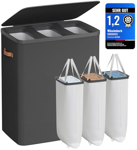 SONGMICS Wäschekorb, 190 L Wäschesammler 3 Fächer, Wäschesortierer, leichter Aufbau, mit Deckel und Griffen, herausnehmbarer Wäschesack, 64 x 40 x 75 cm, tintenschwarz LCB814BH01