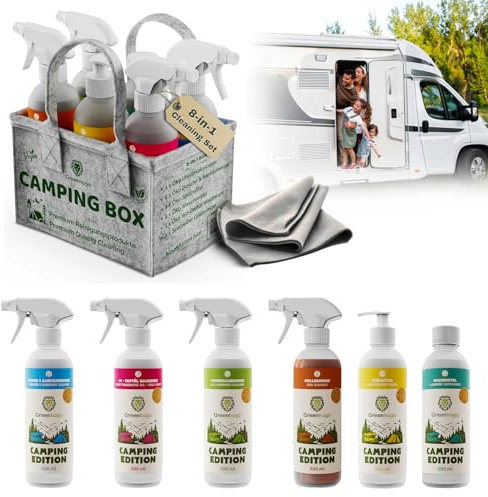 Geschenkbox - Greenhugo Camping Box – Premium Reinigungsset für Camping & Wohmobil| 6-teiliges Set | Öko & Vegan | Allzweck, Spülmittel, Dusche & WC Reiniger, Waschmittel, Grillreiniger, WC Duftöl