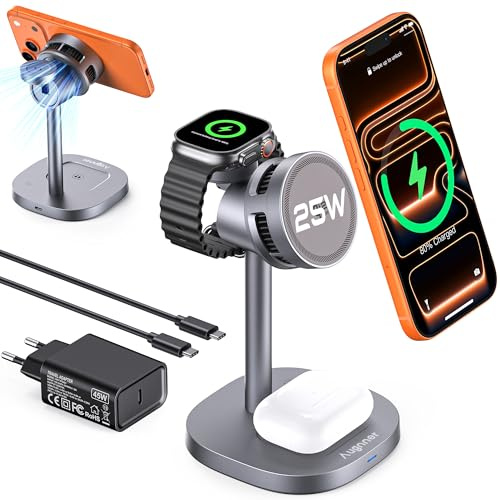 Station de Charge Magnétique Qi2.2 25W，Chargeur sans Fil 3 en 1 Pliable pour iPhone 17/16/15/14/13/12,Support de Recharge Qi2 Compatible pour Apple Watch AirPods, Adaptateur 45W Inclus