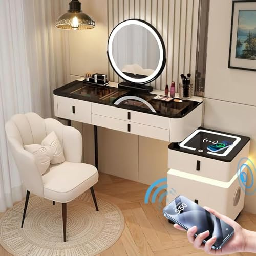 Vofikoli Toeletta con Illuminazione e Sedia, Tavolo da Trucco con Specchio Smart a Tre Colori, Tavolo Cosmetico con 5 Cassetti, Tavolo per il Trucco per Camera da Letto Moderna (Bianco + Nero, 100CM+A