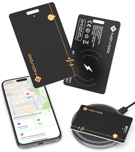 NOVOO Wallet Tracker Card 2-Pack, Rechargeable Wallet Finder (Wireless charging), Bluetooth Tracking Card 1.9mm Ultra-Slim, IP68 Waterproof (Only IOS, Apple Find My), Anti-loss GPS Air Tag for Luggage