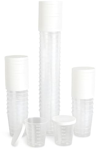 UOCAI 50 st minimuggar med lock, 30 ml med mängdskala, minimugg med lock, måttbägare liten 30 ml plast, doseringskopp exakt skala dosering för laboratoriehushåll, medicinsk blandningsmugg