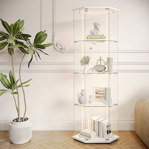 Hörnvitrin med LED-belysning, stående glasvitrin med glasdörrar, 4 glashyllor, hörnvitrin i trä, modernt vitrin för vardagsrum, sovrum, kontor, böcker