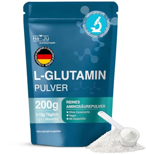He-Ju L-glutamina en polvo 200 g, insípido, aminoácido puro sin aditivos, vegano, probado en laboratorio, incluye cuchara dosificadora