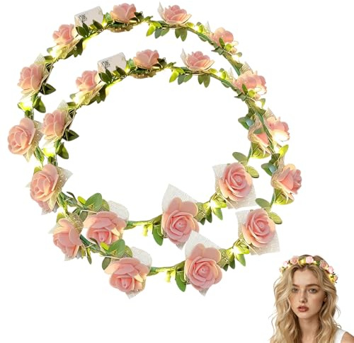 Editbar 2PCS LED Blumenkrone Stirnbänder – Leuchtender Rosen Blumenkranz mit 3 Modi, 12 Blumen & 12 Lampenperlen, Verstellbar, LED Girlande für Frauen, Valentinstag, Strandparty & Hochzeit (Nude-Rosa)