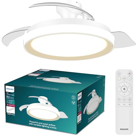 PHILIPS Bliss Lámpara de Techo con Ventilador Aspas Retráctiles LED, 3 Aspas, 106 Cm de Envergadura, 4500 Lúmenes, Luz Blanca Ajustable de 3000 K a 6500 K, Regulable al 5%, Mando a Distancia, Dorado
