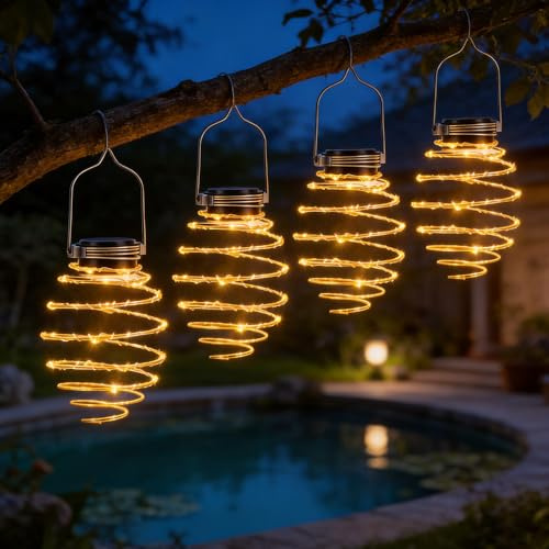 4 Stück Solarlampen für Außen Hängend, Spiral Solarlaterne für Außen IP65 Wasserdicht Solarleuchten Garten Hängend mit Warmweiß Beleuchtung Solar Lampe für Draußen Garten Balkon Terrasse Hof