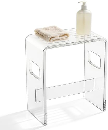 Reomdara Sgabello da doccia in acrilico trasparente, altezza 18 cm, con fessure di drenaggio, sgabello da bagno, moderno, trasparente, sgabello da bagno, 35 x 22 x 43 cm