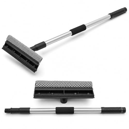 Window Cleaner with Extendable Handle | Adjustable Glass Cleaning Tool with Squeegee & Microfiber Pad | Streak Free Window Washer for Home, Office & Car | Long Reach Cleaning Brush