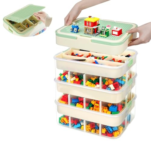 3 Tiers Kids Toys Storage Boxes for Lego, Stackable Organiser with Lids | Container with Adjustable Compartments, Lid & Handle, Lego Organiser Bins for Building Blocks, Crafts, Beads, Tools, Toys
