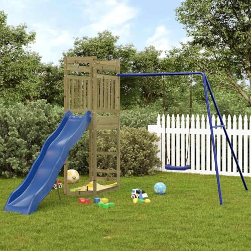 Kaloriko Spielturm aus imprägniertem Kiefernholz mit Schaukel, Wellenrutsche und Sandkasten, 242 x 335 cm, Garten Spielplatz für Kinder im Außenbereich