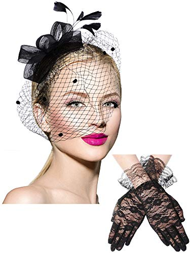 Boao 3 Stück 50er Jahre Damen Accessoires Fascinator Hüte mit Kurze Spitze Handschuhe für Damen Hochzeit Fascinator Schwarzer Hut mit Schleier für Halloween Karneval Hochzeit Tea Cocktail Party