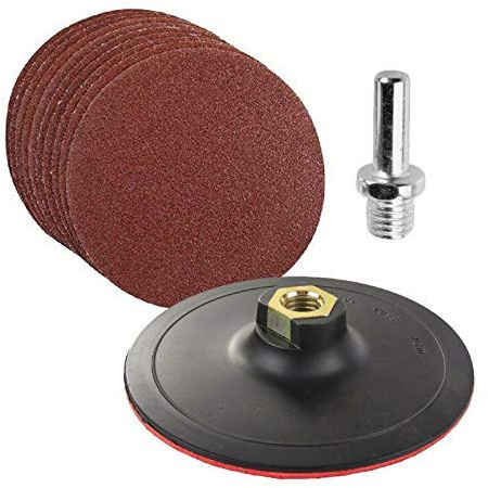 Lot de 10 disques abrasifs à grain mixte de 125 mm avec support et adaptateur pour perceuse (grain 60, 80, 120, 240)