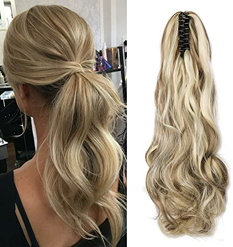 Coleta Postiza con Pinza Extensiones de Clip de Pelo Natural Extensiones de Cabello Rizadas Sintético Ondulado Ponytail Largo Cola Claw (Rubio ceniza&Blanqueador rubia)