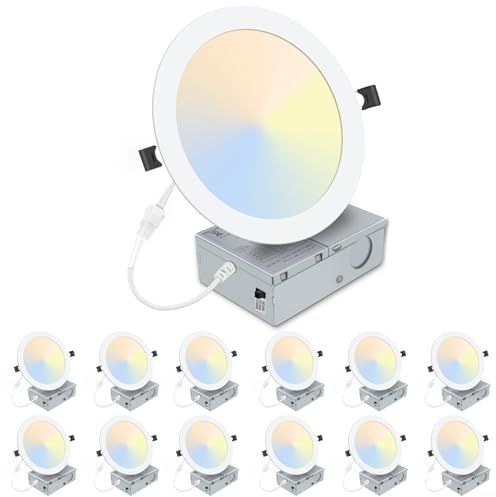LZHOME 12 Pack 8 Inch LED Recessed Lighting with Junction Box Ultra-Thin, 3000K/4500K/6000K Selectable, 8 Dimmable Canless LED Downlight, 1800LM CRI80 High Brightness 5%-100% Recessed Light