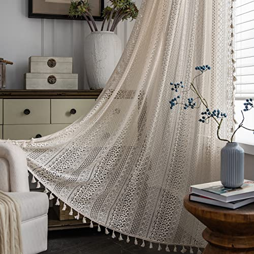 Sutuo Home Boho-Vorhänge, Häkelspitze, halbtransparent, gestrickt, handgefertigte Quasten, Stangendurchzug, für Wohnzimmer, Schlafzimmer, 1 Vorhang ca. 150 x 160 cm (B x L), Beige
