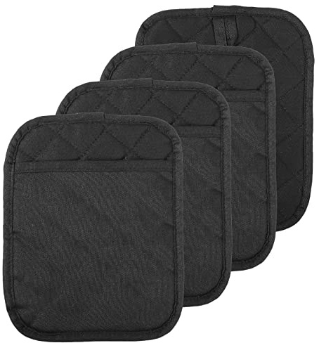 Jehdhe 4 Stück Topflappen mit Tasche, Baumwolle, hitzebeständig, Topflappen für Küche, Hot Pad, großes Topflappen-Set, 17,8 x 22,9 cm, Schwarz