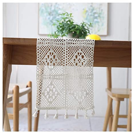 Stfery Tischläufer Abwaschbar Outdoor, Tischläufer Blumen Vintage Beige 24x200CM Spitze Hohl Polyester Table Runner Tischdeko Wohnzimmer Küche