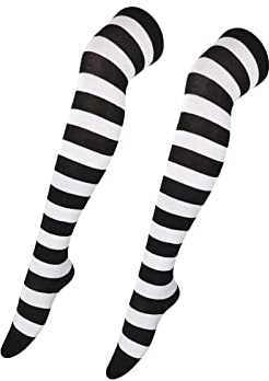 Andiker 1 Pair Over Knee High Socks for Women, Soft Long Stripe Knee Thigh Boot Warm Stockings Cotton Knee Highs Socks for Cosplay Daily Wear (black-white stripe)