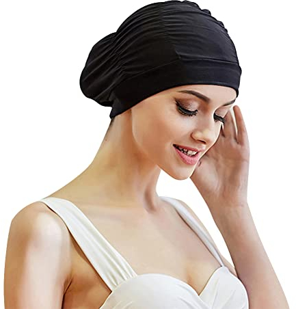 TCNGKIJIUK Badekappe Damen Groß Schwimmkappe Anti Rutsch Schwimmhaube Ohrenschutz Bademütze Retro Swim Cap Sommer Schnelltrocknend Badehuabe Elastisch Schwimmmütze Kurze Lange Haare Mädchen Schwarz
