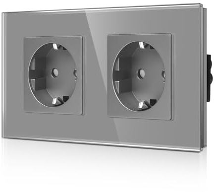 CNBINGO Schuko Doppelsteckdose Unterputz, Glasrahmen Grau | 2-Fach Steckdose mit Kindersicherung, Zweifach Schutzkontakt Wandsteckdose, Horizontale und Vertikale DIY-Montage