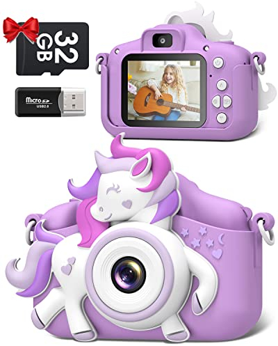 Kinderkamera, Gofunly Kinder Kamera 1080P 2,0-Zoll-Bildschirm Selfie Digitalkamera mit 32GB-Karte für 3-12 Jahre Jungen Mädchen Geburtstagsgeschenk Weihnachten Spielzeug Lila-Weißes Pferd