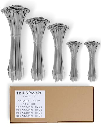 Haus Projekt Lot de 500 attaches de câble grises de tailles mixtes assorties, gestion des câbles, rangement de câbles, attaches de câble robustes, attaches de câbles de jardin, attaches de câble