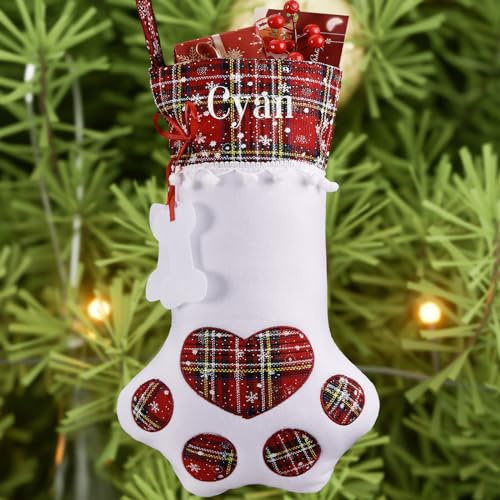 Bemaystar Personalisierter Hunde-Weihnachtsstrumpf – Büffelkarierte Hundepfoten-Weihnachtsstrümpfe, Plüsch, Jute, benutzerdefinierte Katze, Weihnachtsstrumpf, bestickte Hängesocken für