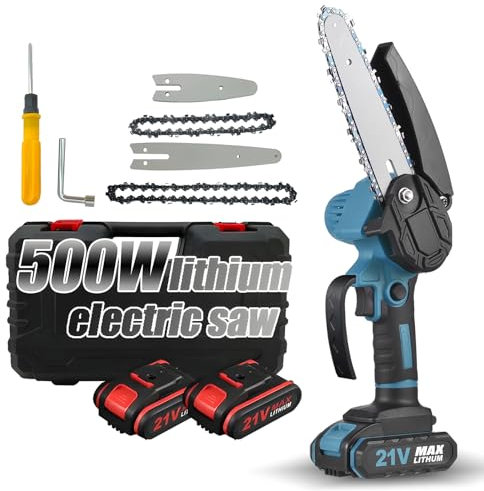 Ailgely Mini motosega batteria 6 e 4 pollici, 21 V motosega elettrica a mano piccola sega potatura batteria, 2 x 2000 mAh, 2 catene, per tagliare rami e legno nel giardino
