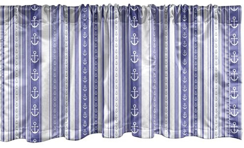 ABAKUHAUS Gestreift Plattenschürze 2er Pack, Seeanker-Ikonen und Band-Motive Seeleben-Kontrast-Streifen Maritime Grafik, Vorhang Volant für Dekor mit Stangentasche, 107 cm x 45 cm, Lila Lila