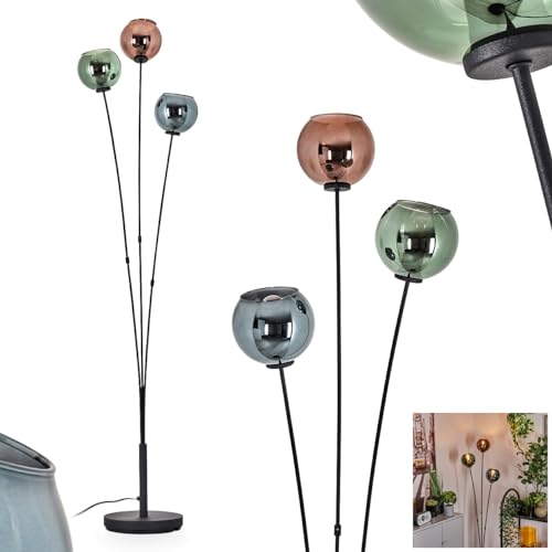 Stehleuchte Belp, Stehlampe aus Metall/Glas in Schwarz/Grün/Blau/Kupferfarben, Leuchte im Retro/Vintage-Design mit Schirmen aus Glas u. Fußschalter, Höhe 150 cm, 3 x E14, ohne Leuchtmittel