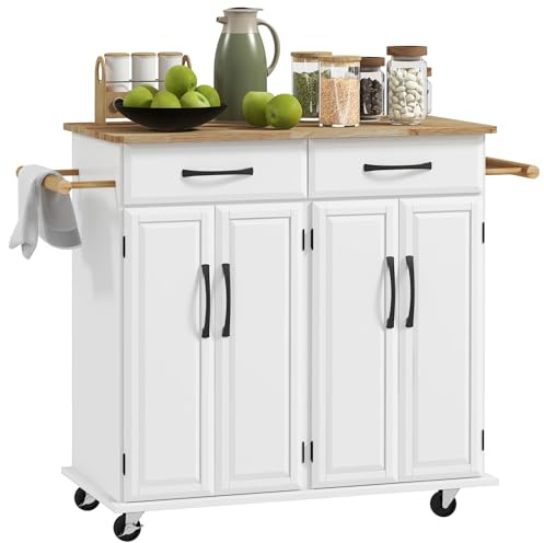 HOMCOM Isla de Cocina Carrito de Cocina Mueble Auxiliar de Comedor con Ruedas 4 Puertas 2 Cajones Toalleros y Estantes Ajustables 111x44,5x90,5 cm Blanco y Roble
