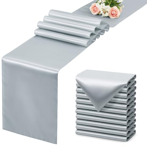 12 Pack Silver Table Runner 12x108 Inches Long, Satin Silk-Like Smooth Table Decor for Wedding Birthday Party