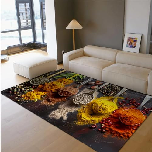 HOBBOY Kreative Küchenteppiche Kochkräuter Gewürze Muster Bereich Teppich für Esszimmer Restaurant Küchenmatten für Boden Faltbarer Teppich 140 x 180 cm