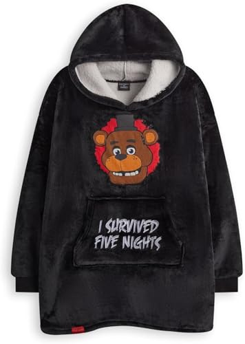 Five Nights At Freddy’s Boys Wearable Blanket Hoodie | Kids Hooded Sherpa Fleece Pullover in Black with Freddy Fazbear Character | Sherpa Lined Loungewear with Pockets | Survival Game Merchandise Gift