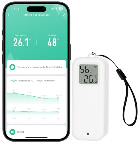 PHOVOLT WLAN-Thermometer-Hygrometer-Sensor mit Digitalanzeige, kabelloser intelligenter Temperatur- und Feuchtigkeitsmonitor mit Benachrichtigungsalarm per Remote-App für Zuhause, Gewächshaus (1pack)